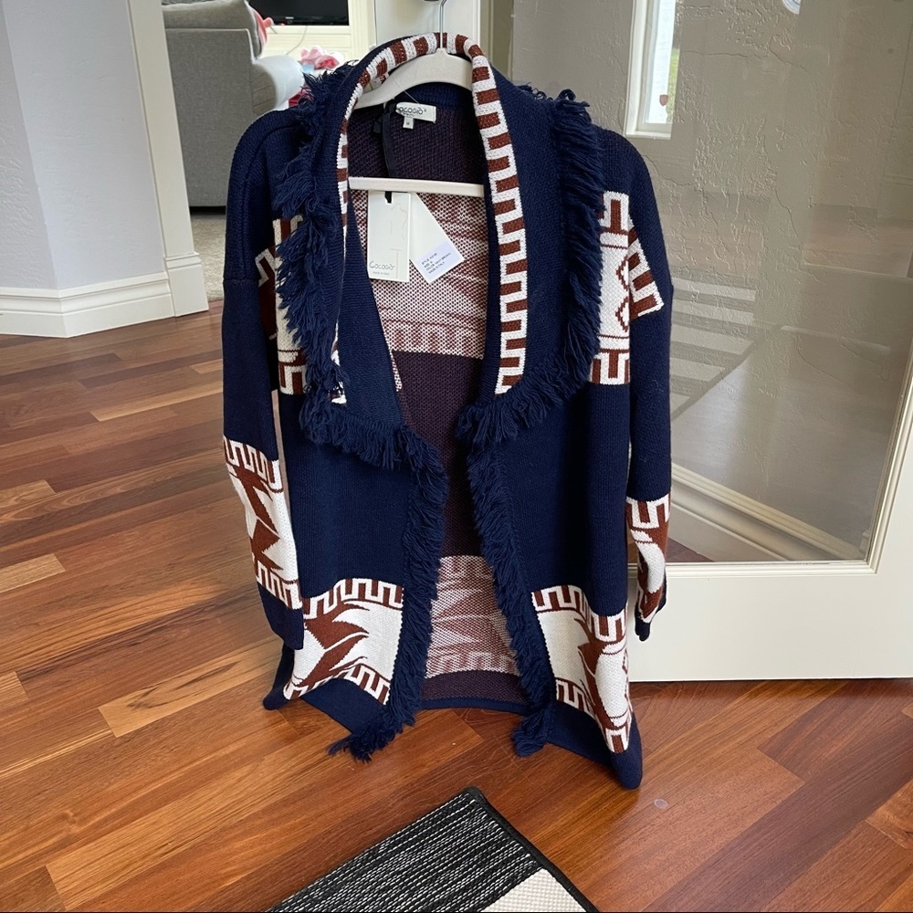 Cocogio Womens Navy Blue Aztec Print Fringe Wool Blend Long Cardigan New! - Picture 6 of 8